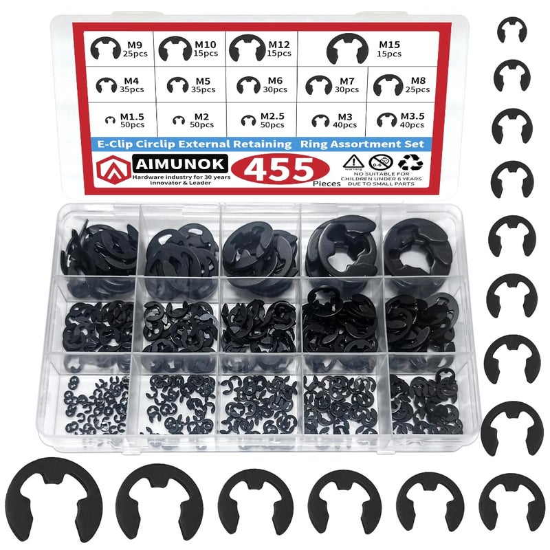AIMUNOK 455Pcs E-Clip External Retaining Rings Snap Rings Assortment Set, High Carbon Steel C-Clip Kit, 14 SAE Sizes Circlip Snap Rings M1.5- M15 - Image 1